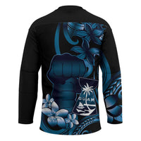 Blue Hafa Adai Guam Hockey Jersey Chamorro Latte Stone Hand With Plumeria - Polynesian Pride