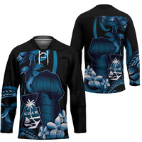 Blue Hafa Adai Guam Hockey Jersey Chamorro Latte Stone Hand With Plumeria - Polynesian Pride