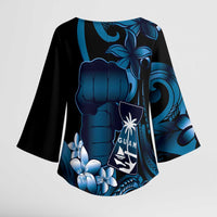 Blue Hafa Adai Guam Kimono Sleeve Blouse Chamorro Latte Stone Hand With Plumeria - Polynesian Pride