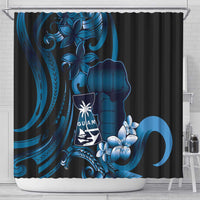 Blue Hafa Adai Guam Shower Curtain Chamorro Latte Stone Hand With Plumeria