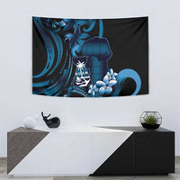 Blue Hafa Adai Guam Tapestry Chamorro Latte Stone Hand With Plumeria