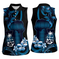 Blue Hafa Adai Guam Women Sleeveless Polo Shirt Chamorro Latte Stone Hand With Plumeria LT14 - Polynesian Pride