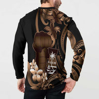 Brown Hafa Adai Guam Button Sweatshirt Chamorro Latte Stone Hand With Plumeria