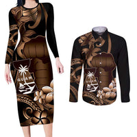 Brown Hafa Adai Guam Couples Matching Long Sleeve Bodycon Dress and Long Sleeve Button Shirt Chamorro Latte Stone Hand With Plumeria LT14 Brown - Polynesian Pride