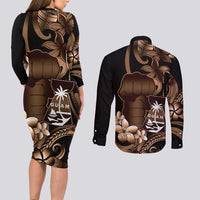 Brown Hafa Adai Guam Couples Matching Long Sleeve Bodycon Dress and Long Sleeve Button Shirt Chamorro Latte Stone Hand With Plumeria LT14 - Polynesian Pride