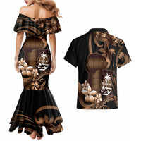 Brown Hafa Adai Guam Couples Matching Mermaid Dress and Hawaiian Shirt Chamorro Latte Stone Hand With Plumeria LT14 - Polynesian Pride