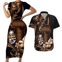 Brown Hafa Adai Guam Couples Matching Short Sleeve Bodycon Dress and Hawaiian Shirt Chamorro Latte Stone Hand With Plumeria LT14 Brown - Polynesian Pride