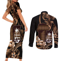Brown Hafa Adai Guam Couples Matching Short Sleeve Bodycon Dress and Long Sleeve Button Shirt Chamorro Latte Stone Hand With Plumeria LT14 - Polynesian Pride