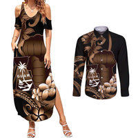 Brown Hafa Adai Guam Couples Matching Summer Maxi Dress and Long Sleeve Button Shirt Chamorro Latte Stone Hand With Plumeria LT14 Brown - Polynesian Pride