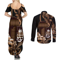 Brown Hafa Adai Guam Couples Matching Summer Maxi Dress and Long Sleeve Button Shirt Chamorro Latte Stone Hand With Plumeria LT14 - Polynesian Pride