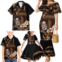 Brown Hafa Adai Guam Family Matching Mermaid Dress and Hawaiian Shirt Chamorro Latte Stone Hand With Plumeria LT14 - Polynesian Pride