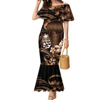 Brown Hafa Adai Guam Family Matching Mermaid Dress and Hawaiian Shirt Chamorro Latte Stone Hand With Plumeria LT14 Mom's Dress Brown - Polynesian Pride