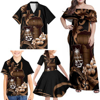 Brown Hafa Adai Guam Family Matching Off Shoulder Maxi Dress and Hawaiian Shirt Chamorro Latte Stone Hand With Plumeria LT14 - Polynesian Pride