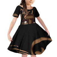 Brown Hafa Adai Guam Family Matching Off Shoulder Short Dress and Hawaiian Shirt Chamorro Latte Stone Hand With Plumeria LT14 Daughter's Dress Brown - Polynesian Pride