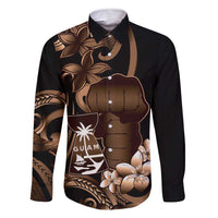 Brown Hafa Adai Guam Family Matching Off Shoulder Short Dress and Hawaiian Shirt Chamorro Latte Stone Hand With Plumeria LT14 Dad's Shirt - Long Sleeve Brown - Polynesian Pride