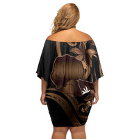 Brown Hafa Adai Guam Family Matching Off Shoulder Short Dress and Hawaiian Shirt Chamorro Latte Stone Hand With Plumeria LT14 - Polynesian Pride