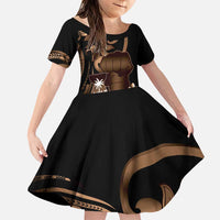 Brown Hafa Adai Guam Family Matching Puletasi and Hawaiian Shirt Chamorro Latte Stone Hand With Plumeria LT14 Daughter's Dress Brown - Polynesian Pride