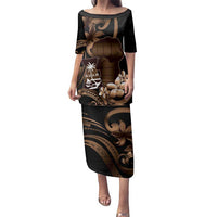 Brown Hafa Adai Guam Family Matching Puletasi and Hawaiian Shirt Chamorro Latte Stone Hand With Plumeria LT14 Mom's Dress Brown - Polynesian Pride