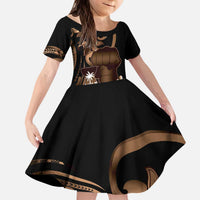 Brown Hafa Adai Guam Kid Short Sleeve Dress Chamorro Latte Stone Hand With Plumeria