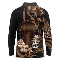 Brown Hafa Adai Guam Long Sleeve Polo Shirt Chamorro Latte Stone Hand With Plumeria