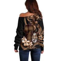 Brown Hafa Adai Guam Off Shoulder Sweater Chamorro Latte Stone Hand With Plumeria