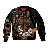 Brown Hafa Adai Guam Sleeve Zip Bomber Jacket Chamorro Latte Stone Hand With Plumeria