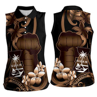 Brown Hafa Adai Guam Women Sleeveless Polo Shirt Chamorro Latte Stone Hand With Plumeria LT14 - Polynesian Pride