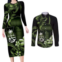 Green Hafa Adai Guam Couples Matching Long Sleeve Bodycon Dress and Long Sleeve Button Shirt Chamorro Latte Stone Hand With Plumeria LT14 Green - Polynesian Pride