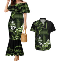 Green Hafa Adai Guam Couples Matching Mermaid Dress and Hawaiian Shirt Chamorro Latte Stone Hand With Plumeria LT14 Green - Polynesian Pride