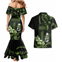 Green Hafa Adai Guam Couples Matching Mermaid Dress and Hawaiian Shirt Chamorro Latte Stone Hand With Plumeria LT14 - Polynesian Pride