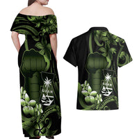 Green Hafa Adai Guam Couples Matching Off Shoulder Maxi Dress and Hawaiian Shirt Chamorro Latte Stone Hand With Plumeria LT14 - Polynesian Pride