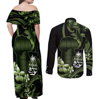 Green Hafa Adai Guam Couples Matching Off Shoulder Maxi Dress and Long Sleeve Button Shirt Chamorro Latte Stone Hand With Plumeria LT14 - Polynesian Pride