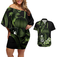 Green Hafa Adai Guam Couples Matching Off Shoulder Short Dress and Hawaiian Shirt Chamorro Latte Stone Hand With Plumeria LT14 Green - Polynesian Pride