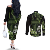 Green Hafa Adai Guam Couples Matching Off The Shoulder Long Sleeve Dress and Long Sleeve Button Shirt Chamorro Latte Stone Hand With Plumeria LT14 - Polynesian Pride