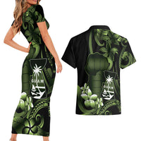 Green Hafa Adai Guam Couples Matching Short Sleeve Bodycon Dress and Hawaiian Shirt Chamorro Latte Stone Hand With Plumeria LT14 - Polynesian Pride