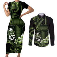 Green Hafa Adai Guam Couples Matching Short Sleeve Bodycon Dress and Long Sleeve Button Shirt Chamorro Latte Stone Hand With Plumeria LT14 Green - Polynesian Pride