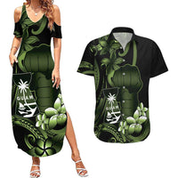Green Hafa Adai Guam Couples Matching Summer Maxi Dress and Hawaiian Shirt Chamorro Latte Stone Hand With Plumeria LT14 Green - Polynesian Pride