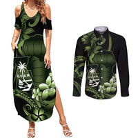 Green Hafa Adai Guam Couples Matching Summer Maxi Dress and Long Sleeve Button Shirt Chamorro Latte Stone Hand With Plumeria LT14 Green - Polynesian Pride