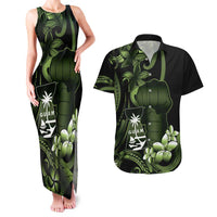 Green Hafa Adai Guam Couples Matching Tank Maxi Dress and Hawaiian Shirt Chamorro Latte Stone Hand With Plumeria LT14 Green - Polynesian Pride