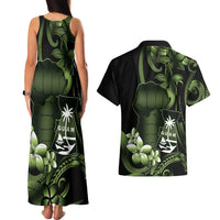 Green Hafa Adai Guam Couples Matching Tank Maxi Dress and Hawaiian Shirt Chamorro Latte Stone Hand With Plumeria LT14 - Polynesian Pride