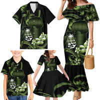 Green Hafa Adai Guam Family Matching Mermaid Dress and Hawaiian Shirt Chamorro Latte Stone Hand With Plumeria LT14 - Polynesian Pride
