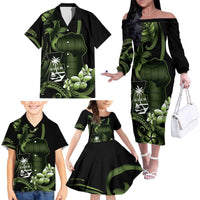 Green Hafa Adai Guam Family Matching Off The Shoulder Long Sleeve Dress and Hawaiian Shirt Chamorro Latte Stone Hand With Plumeria LT14 - Polynesian Pride