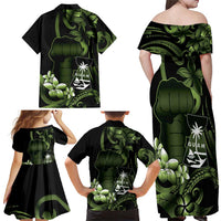 Green Hafa Adai Guam Family Matching Off Shoulder Maxi Dress and Hawaiian Shirt Chamorro Latte Stone Hand With Plumeria LT14 - Polynesian Pride