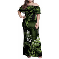 Green Hafa Adai Guam Family Matching Off Shoulder Maxi Dress and Hawaiian Shirt Chamorro Latte Stone Hand With Plumeria LT14 Mom's Dress Green - Polynesian Pride
