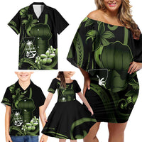 Green Hafa Adai Guam Family Matching Off Shoulder Short Dress and Hawaiian Shirt Chamorro Latte Stone Hand With Plumeria LT14 - Polynesian Pride
