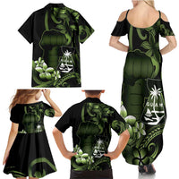 Green Hafa Adai Guam Family Matching Summer Maxi Dress and Hawaiian Shirt Chamorro Latte Stone Hand With Plumeria