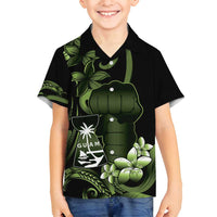 Green Hafa Adai Guam Family Matching Summer Maxi Dress and Hawaiian Shirt Chamorro Latte Stone Hand With Plumeria