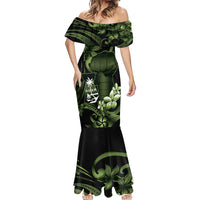 Green Hafa Adai Guam Mermaid Dress Chamorro Latte Stone Hand With Plumeria