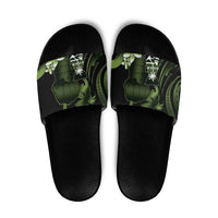 Green Hafa Adai Guam Slide Sandals Chamorro Latte Stone Hand With Plumeria - Polynesian Pride
