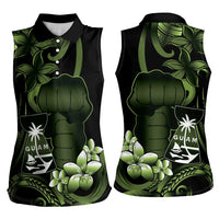 Green Hafa Adai Guam Women Sleeveless Polo Shirt Chamorro Latte Stone Hand With Plumeria LT14 - Polynesian Pride